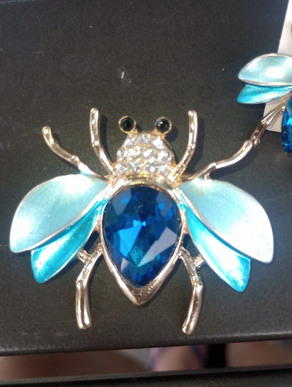 Blue Crystal Gold Tone Bee Brooch and Earring Set